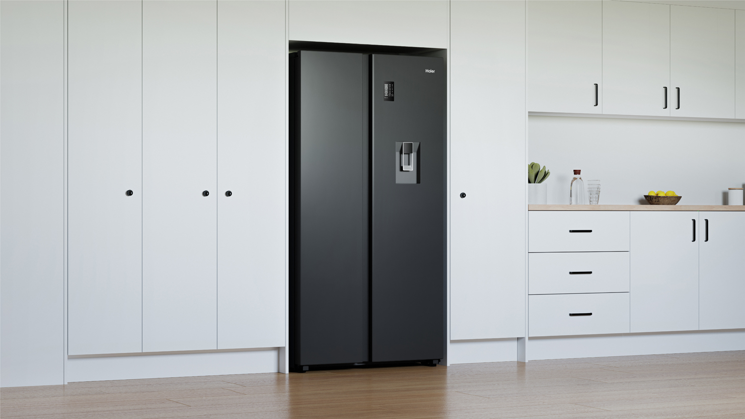 Haier 300 Series 523L Side-by-Side Fridge Freezer with Water Dispenser - Black (HRF523XHG)