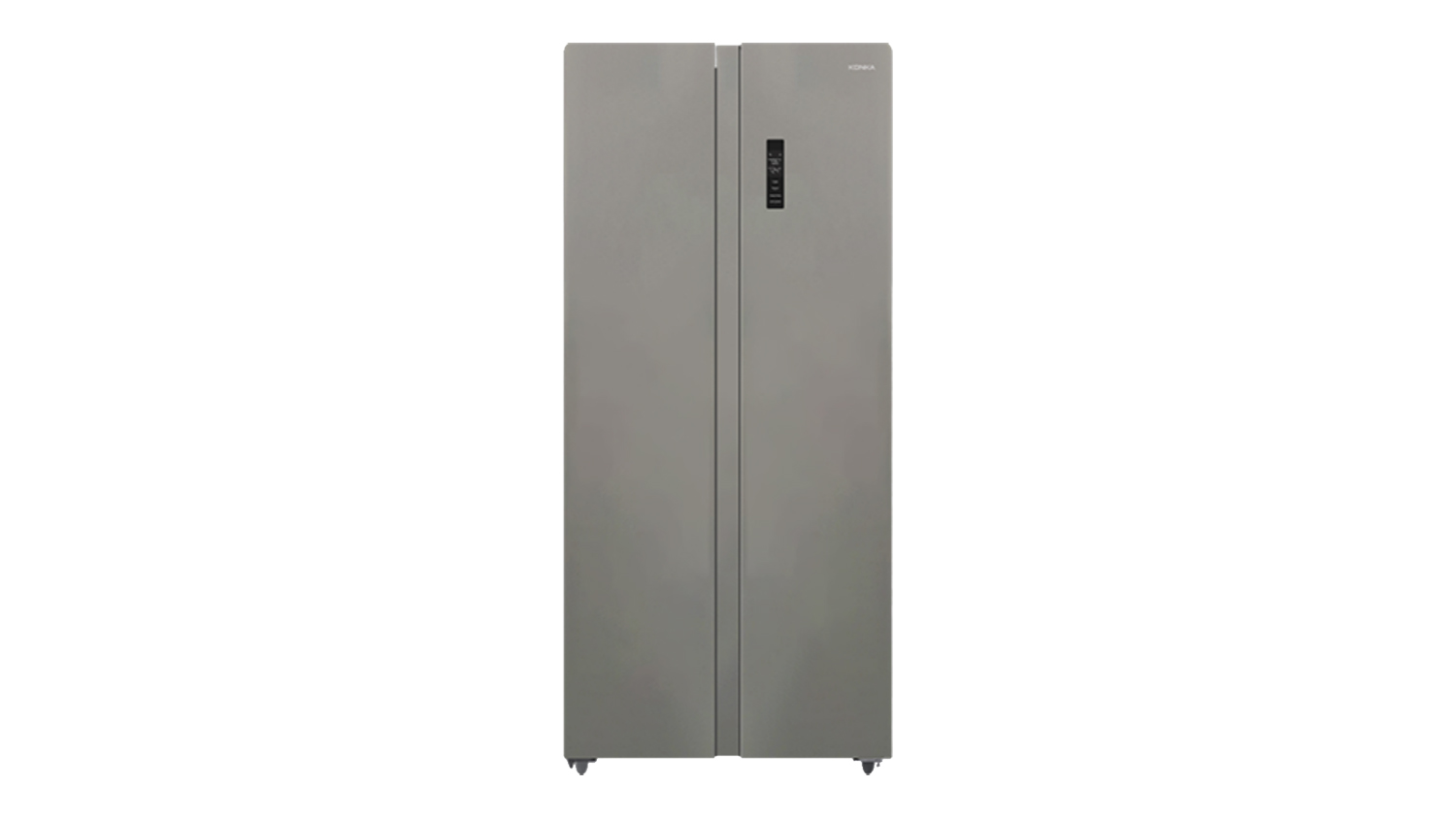 Front view of a Konka 450L side-by-side fridge in sleek grey with a vertical touch display