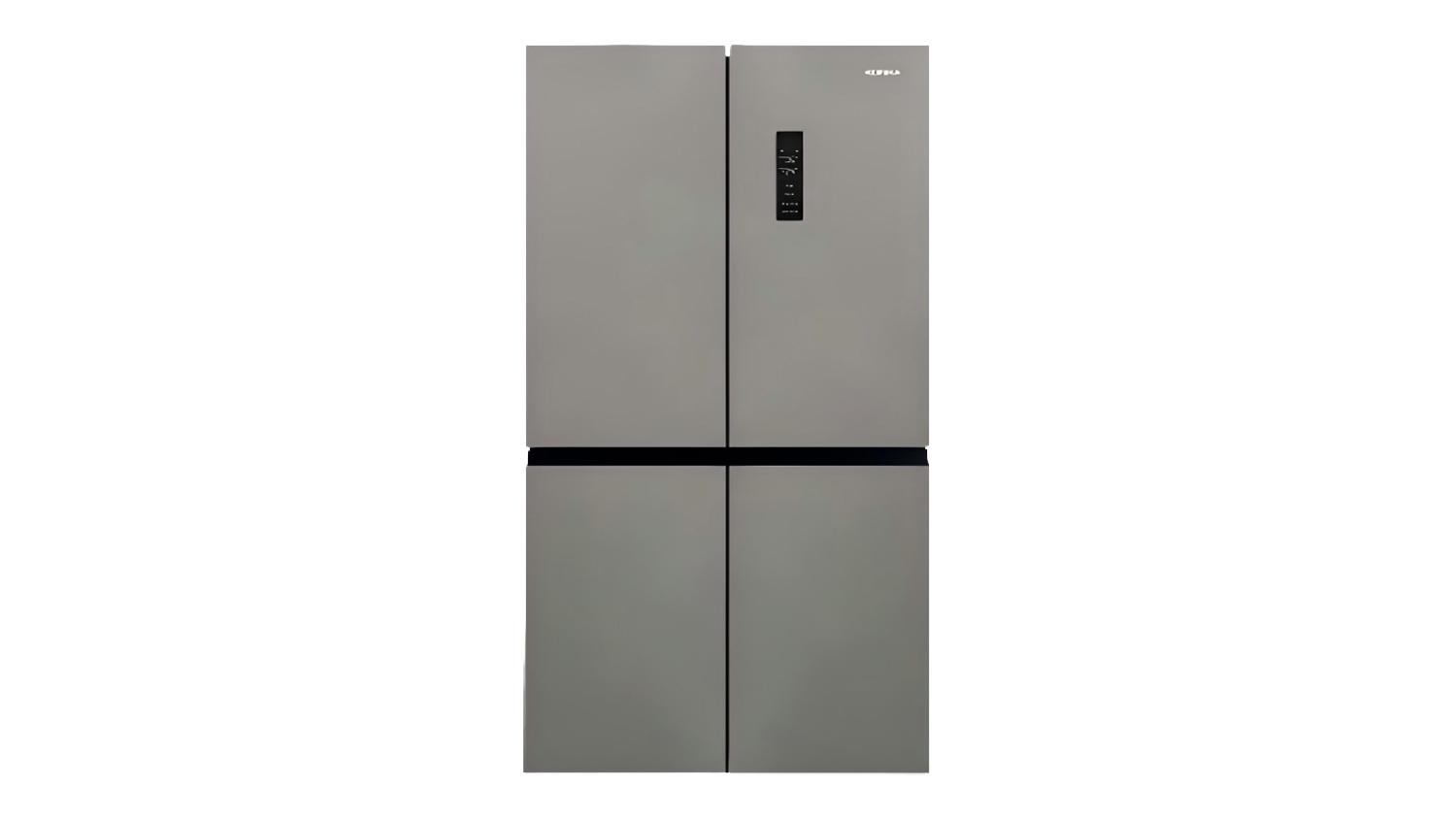 Front view of a Konka 474L Quad Door Fridge Freezer in sleek grey with a digital display