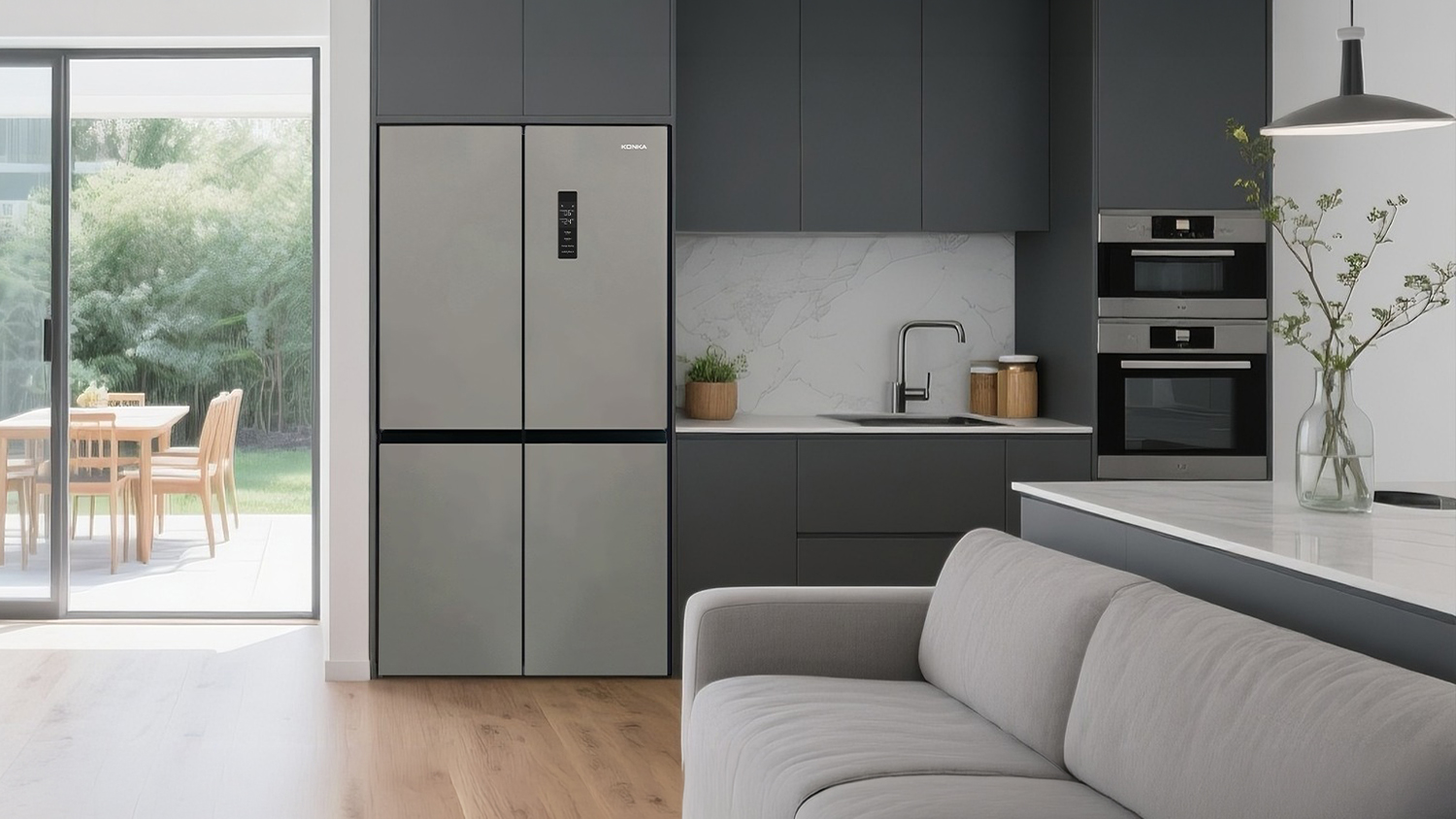 Minimalist grey Konka 474L refrigerator with four symmetrical doors and central touch panel