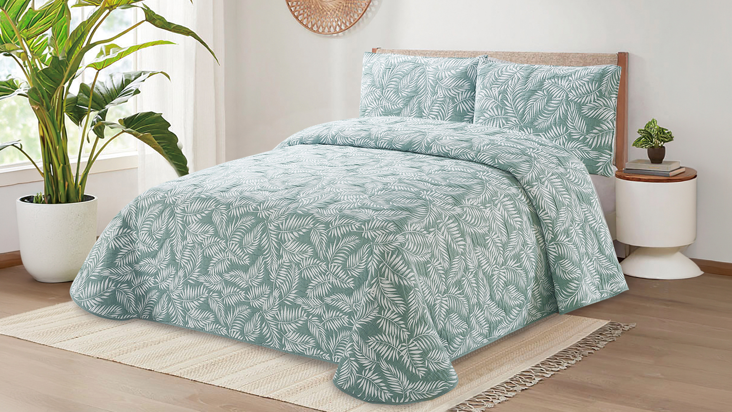 Wide bedroom view showing the Fern Sage Coverlet Set on a neatly made bed