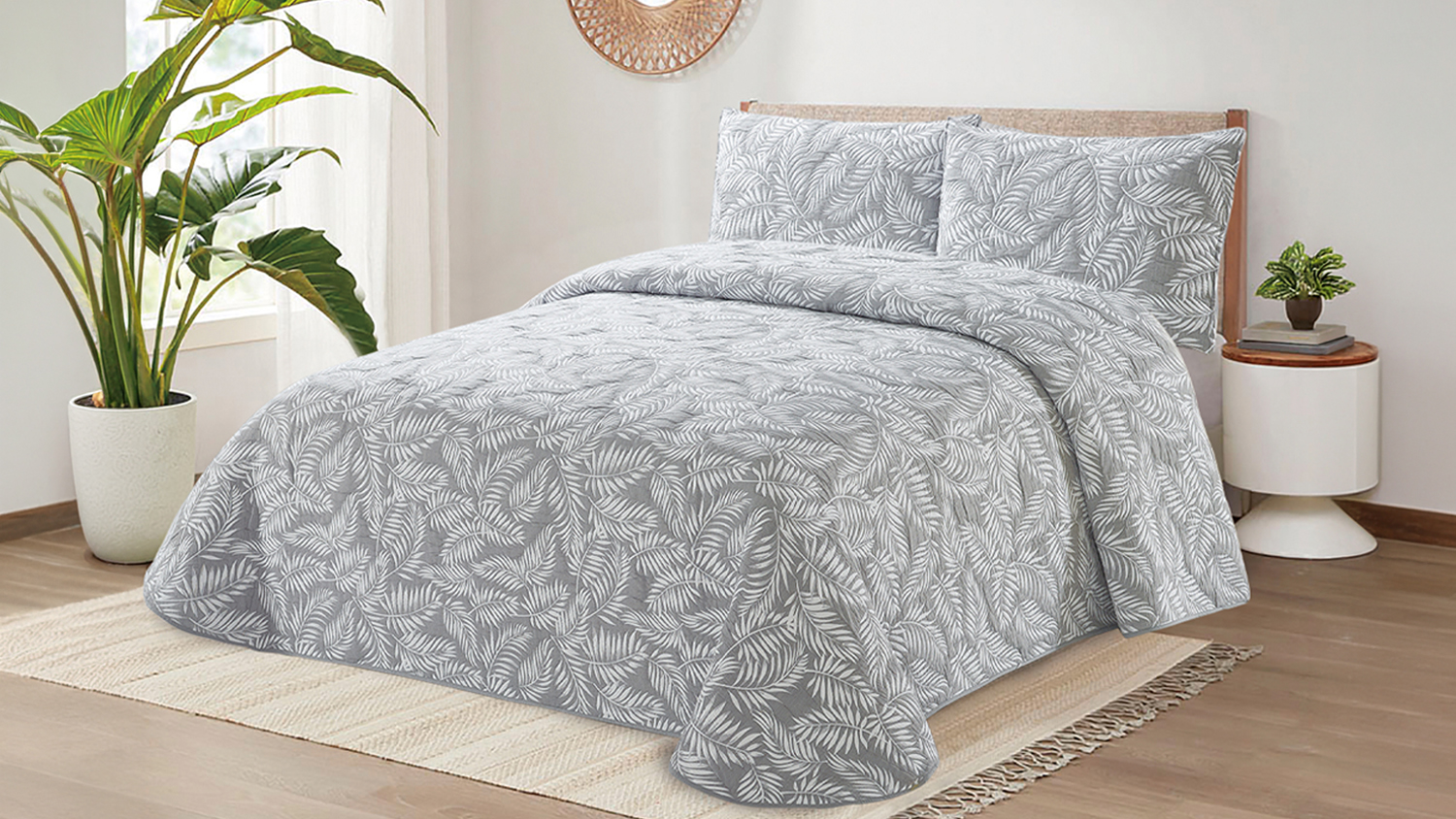 Wide bedroom view showing the Fern Silver Coverlet Set on a neatly made bed