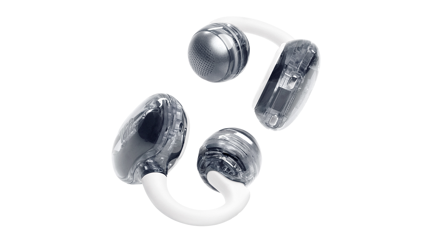A pair of JBL Soundgear Clips True Wireless Open-Ear Headphones in a sleek white colour