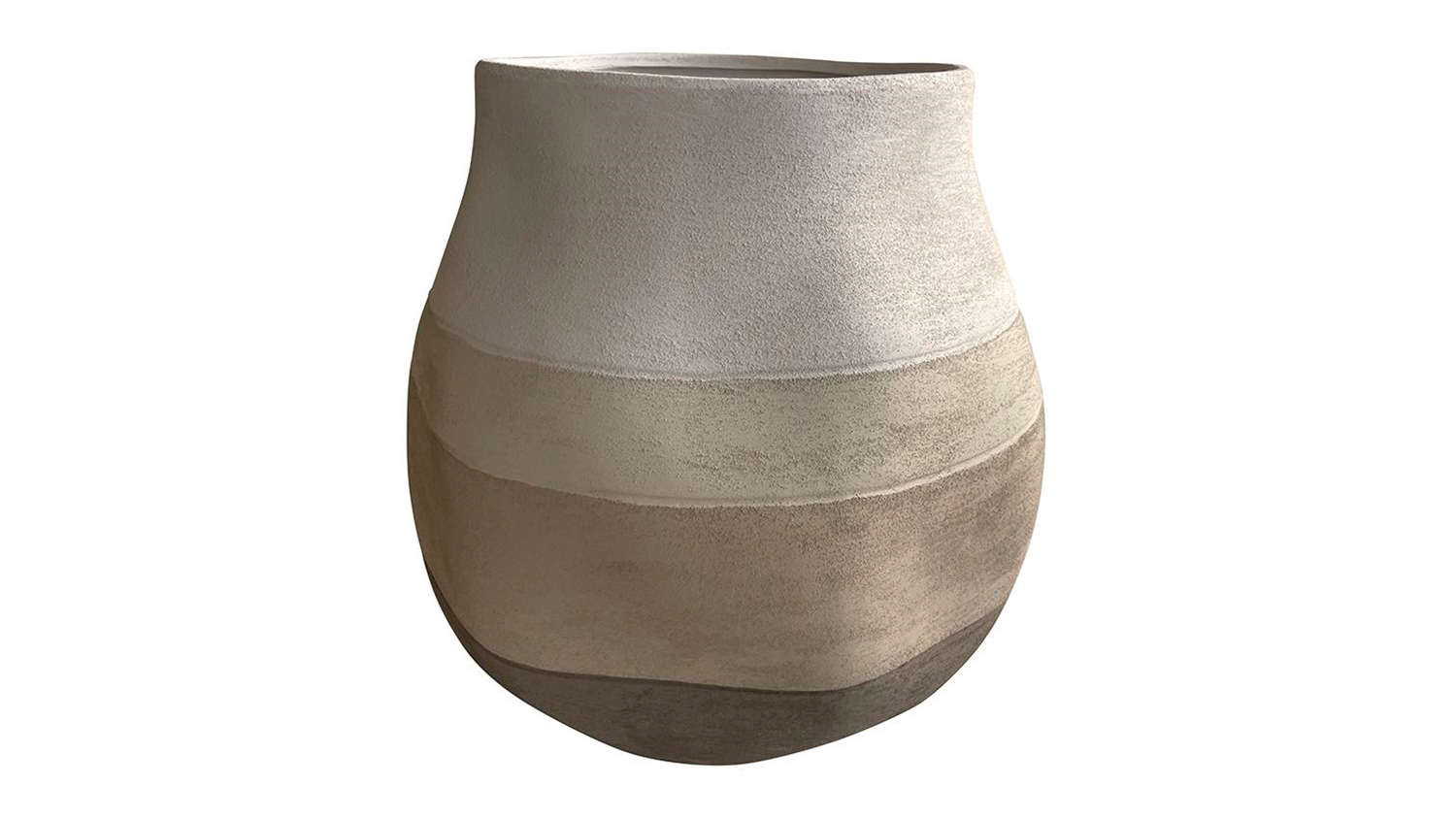 Sahara Stoneware Vase with a rounded silhouette and textured, earth-toned horizontal stripes