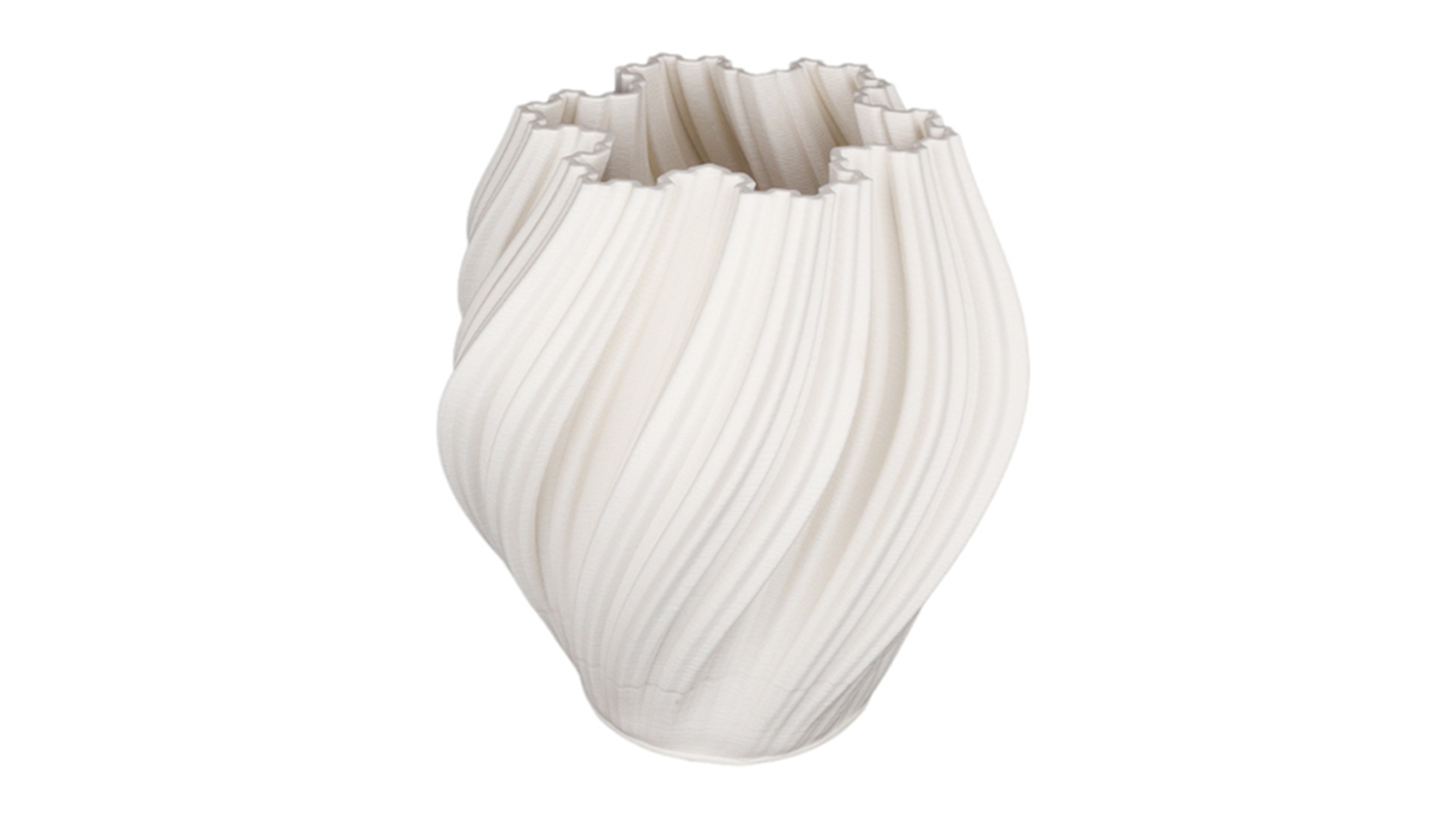 White Amelie ceramic vase with a spiral ribbed texture and a wavy, ruffled rim