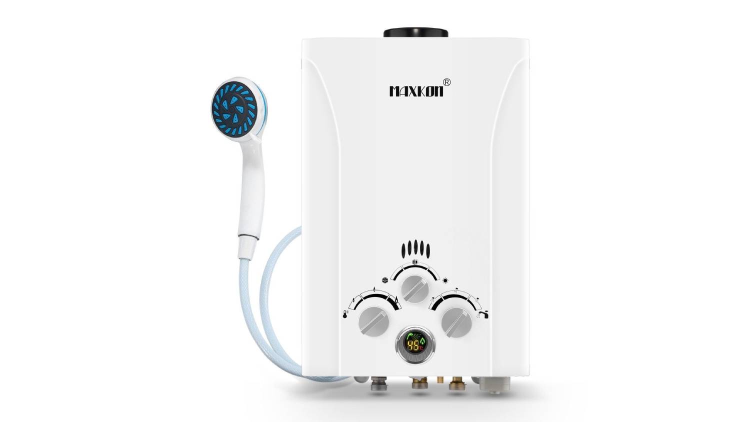 White portable water heater with three control knobs, digital temperature display, and an attached handheld shower head