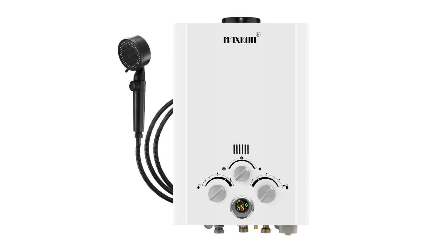 Front view of a white Maxkon portable powered water heater with a black handheld shower head