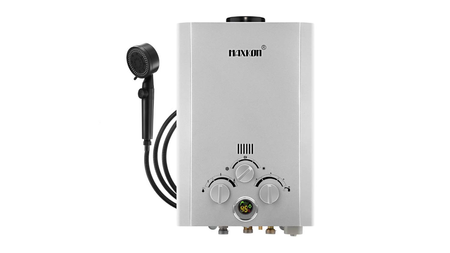 Front view of a silver Maxkon portable powered water heater with a rectangular metal casing