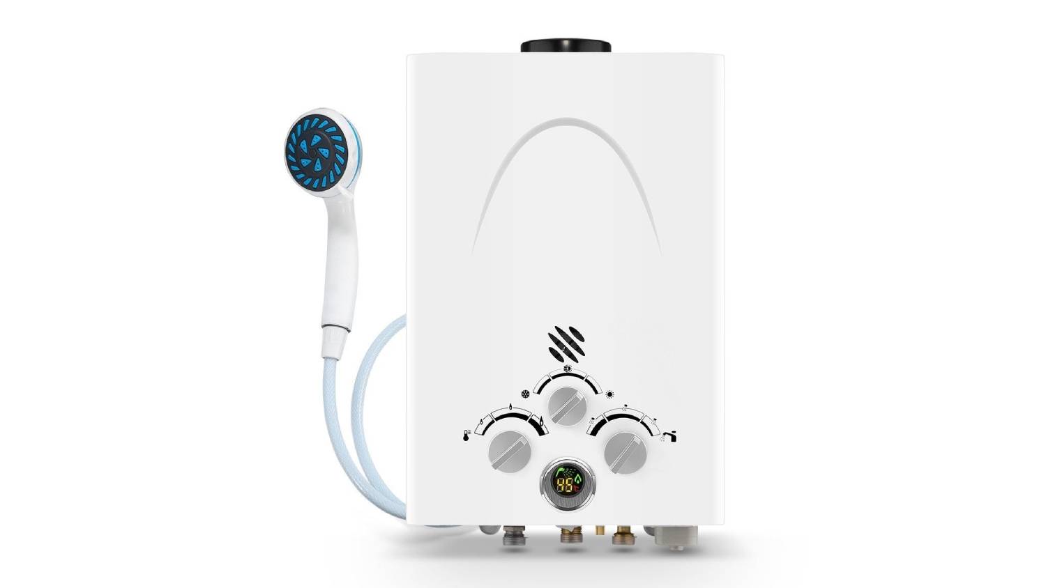 Front view of a white Maxkon portable powered water heater with a smooth rectangular body