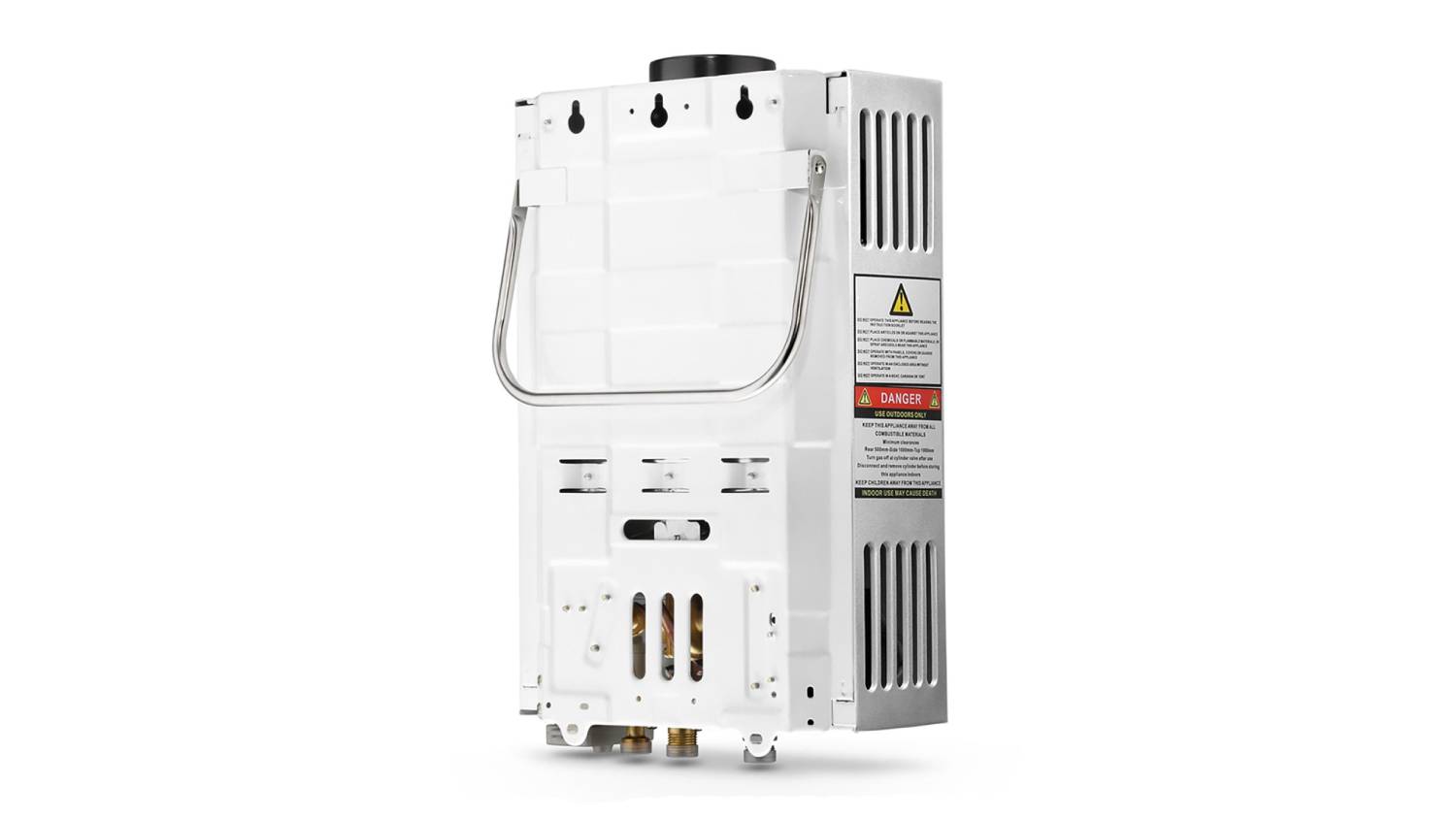 Rear view of the silver Maxkon portable powered water heater showing a stainless steel carry handle at the top