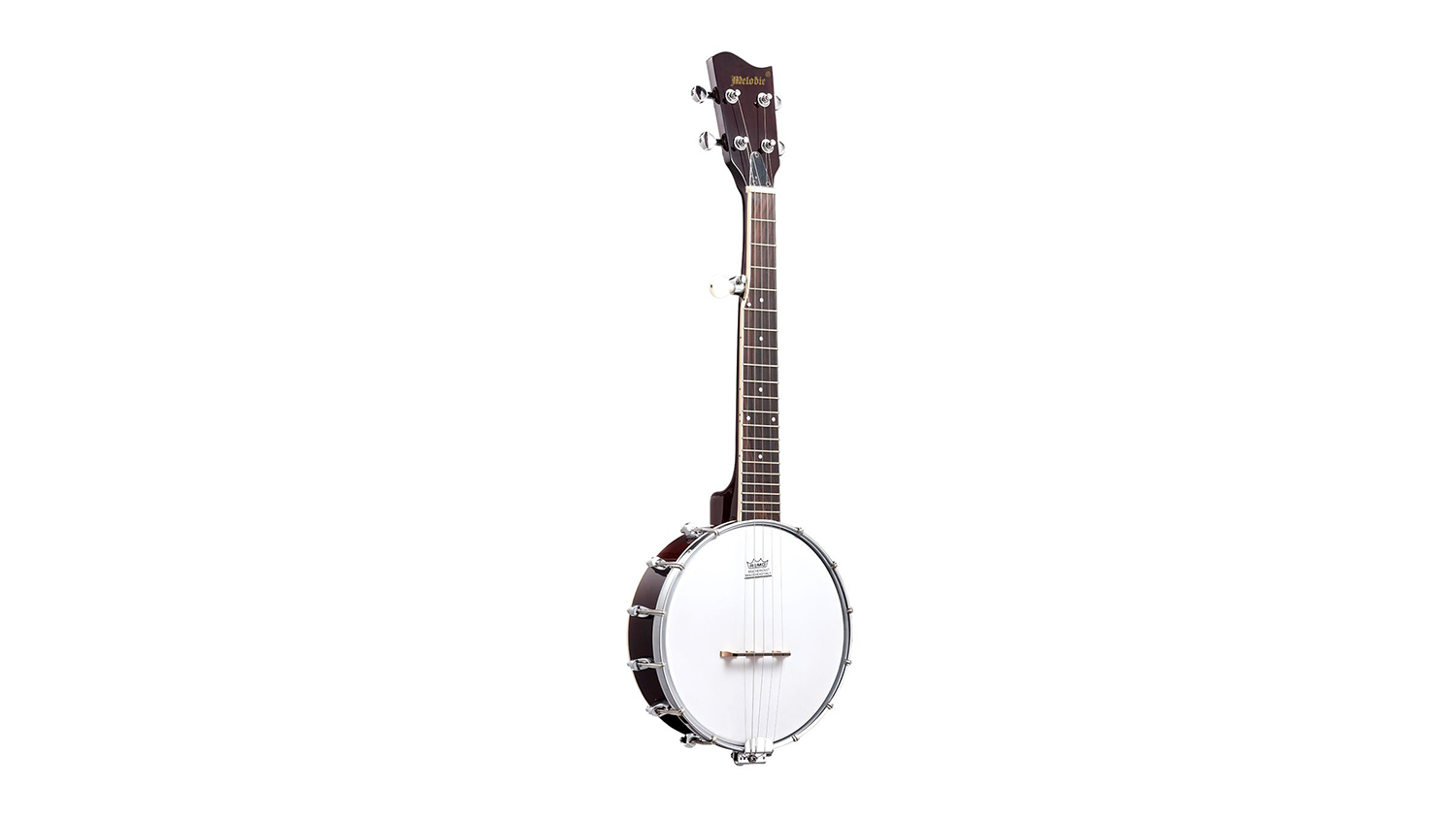 Full view of a Melodic 5-string banjo with a dark mahogany neck and white Remo drum head