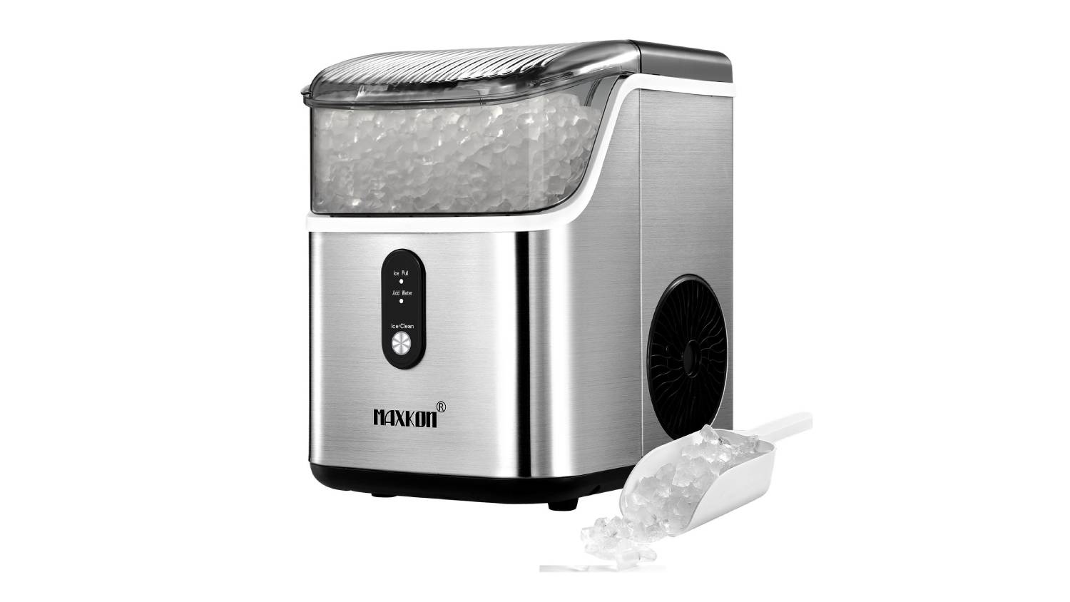 Stainless steel benchtop nugget ice maker filled with ice, featuring a digital control panel on the front