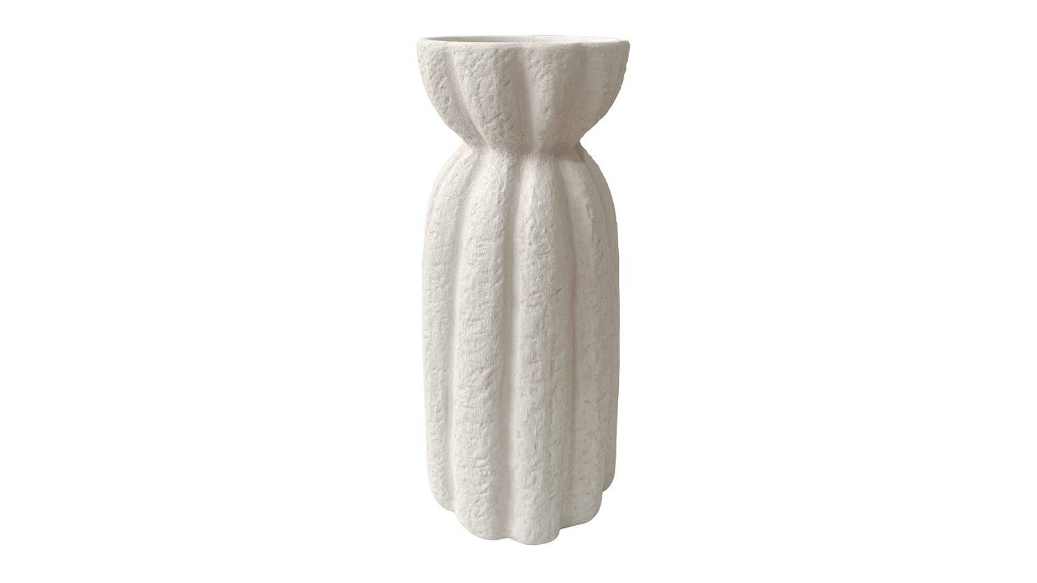 A tall white stoneware vase with a textured surface, fluted vertical ridges, and a cinched, hourglass-like shape