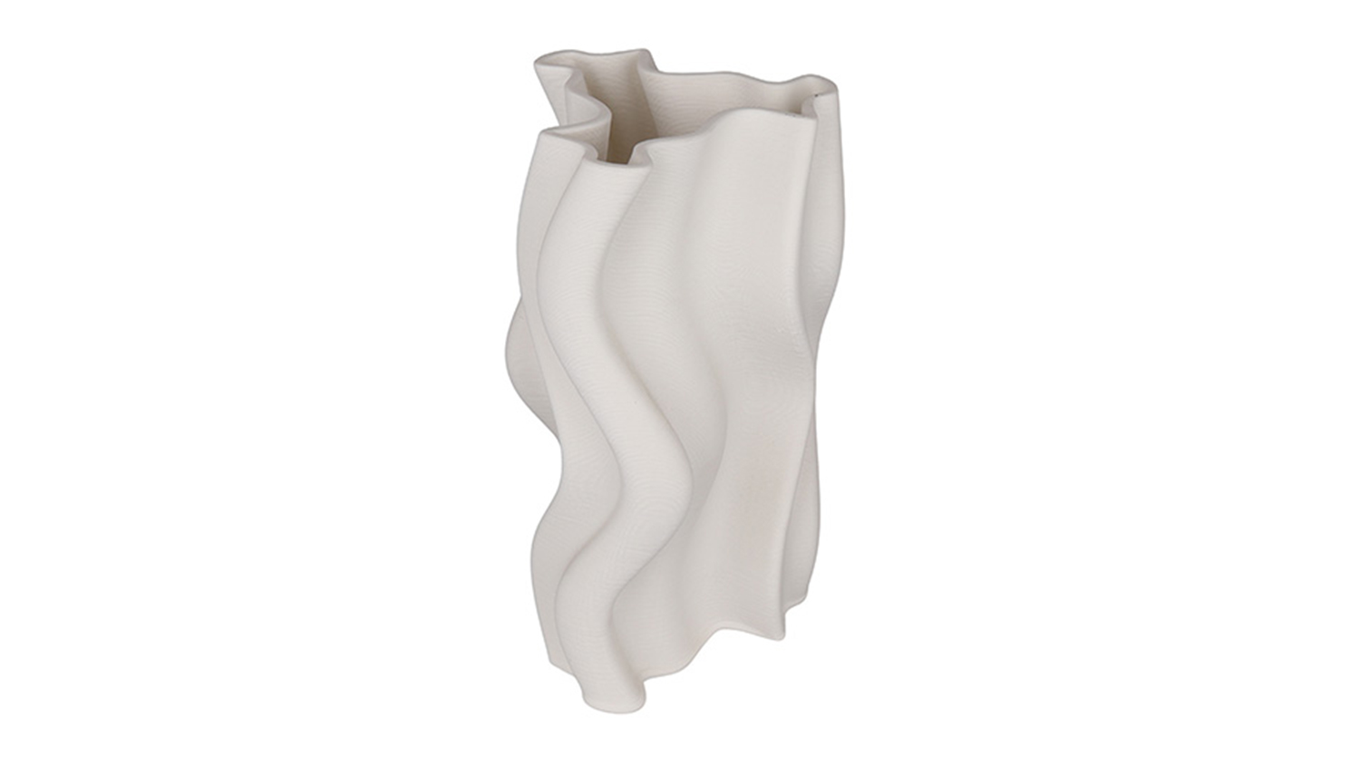 A modern Arti white ceramic vase with a distinctive flowing, 3D-ribbed texture