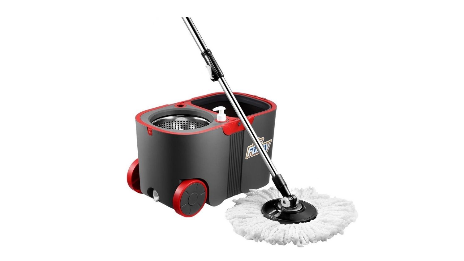 A side-by-side angled view of the Dr. Fussy Spin Mop and Bucket Set, 10 litres in black and red finish