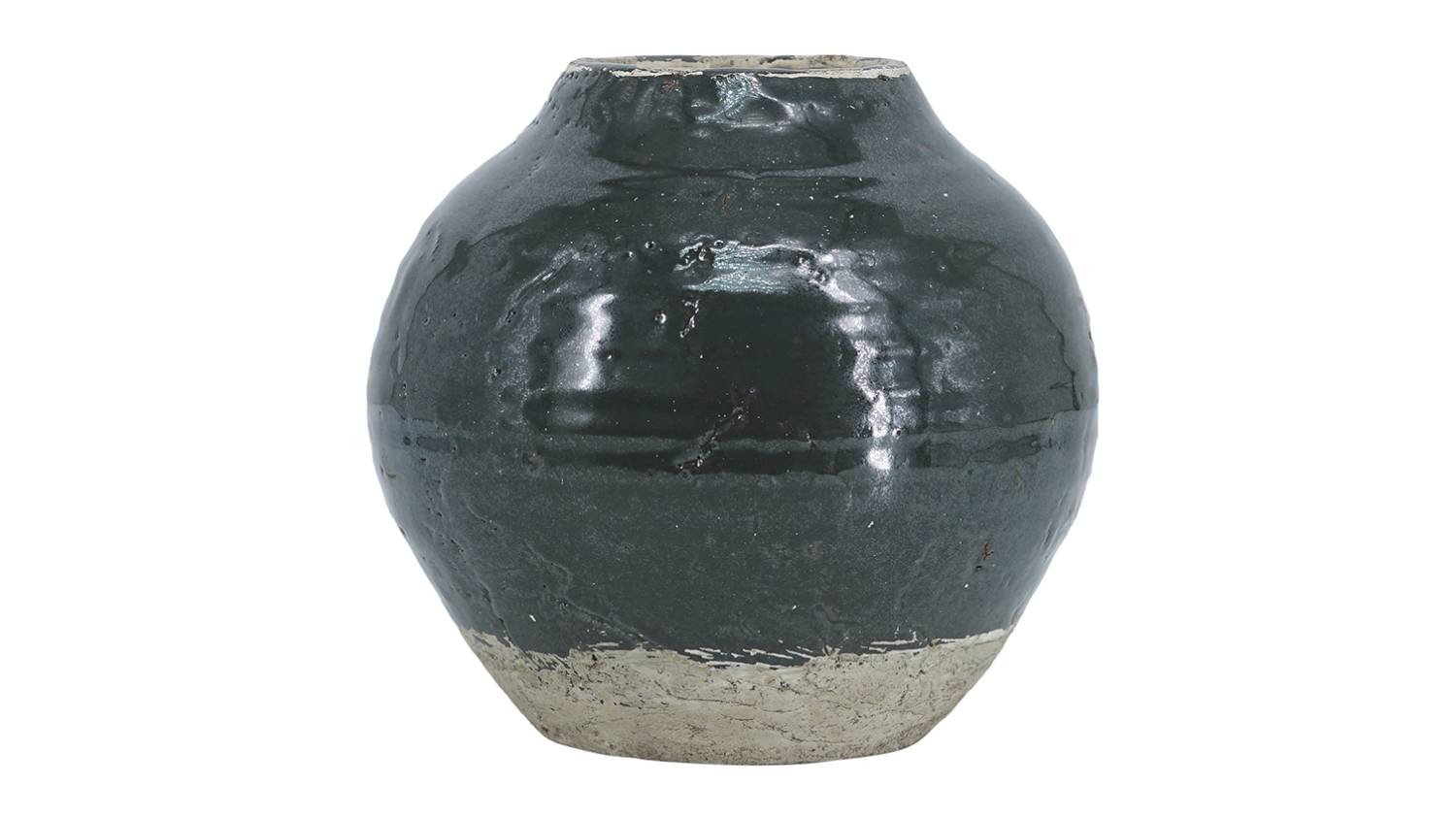 A round dark green vase with a glossy finish on the upper section and a rough sandy-textured lower band