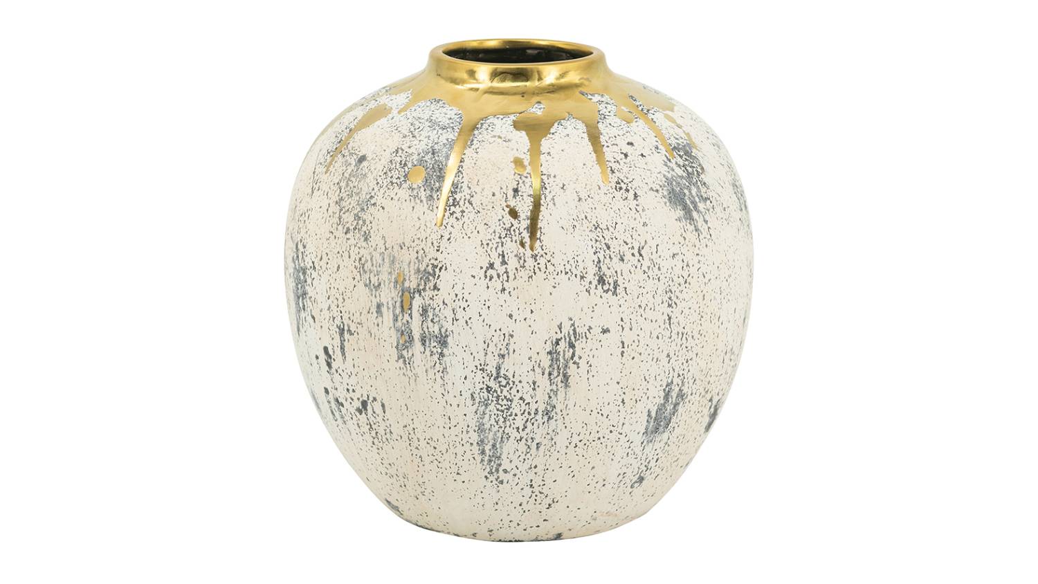A round white vase with grey brush‑stroke markings, featuring a shiny gold rim with dripping gold accents