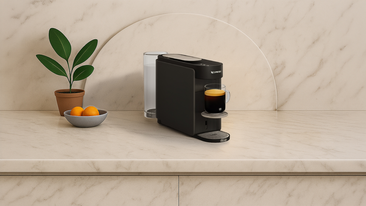 Front view of the Espresso machine brewing dark coffee