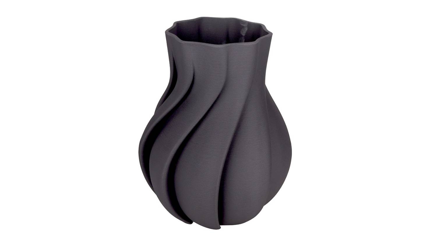 A dark grey ceramic vase with a rounded body and sweeping twisted ridges that spiral upward to a slightly fluted rim