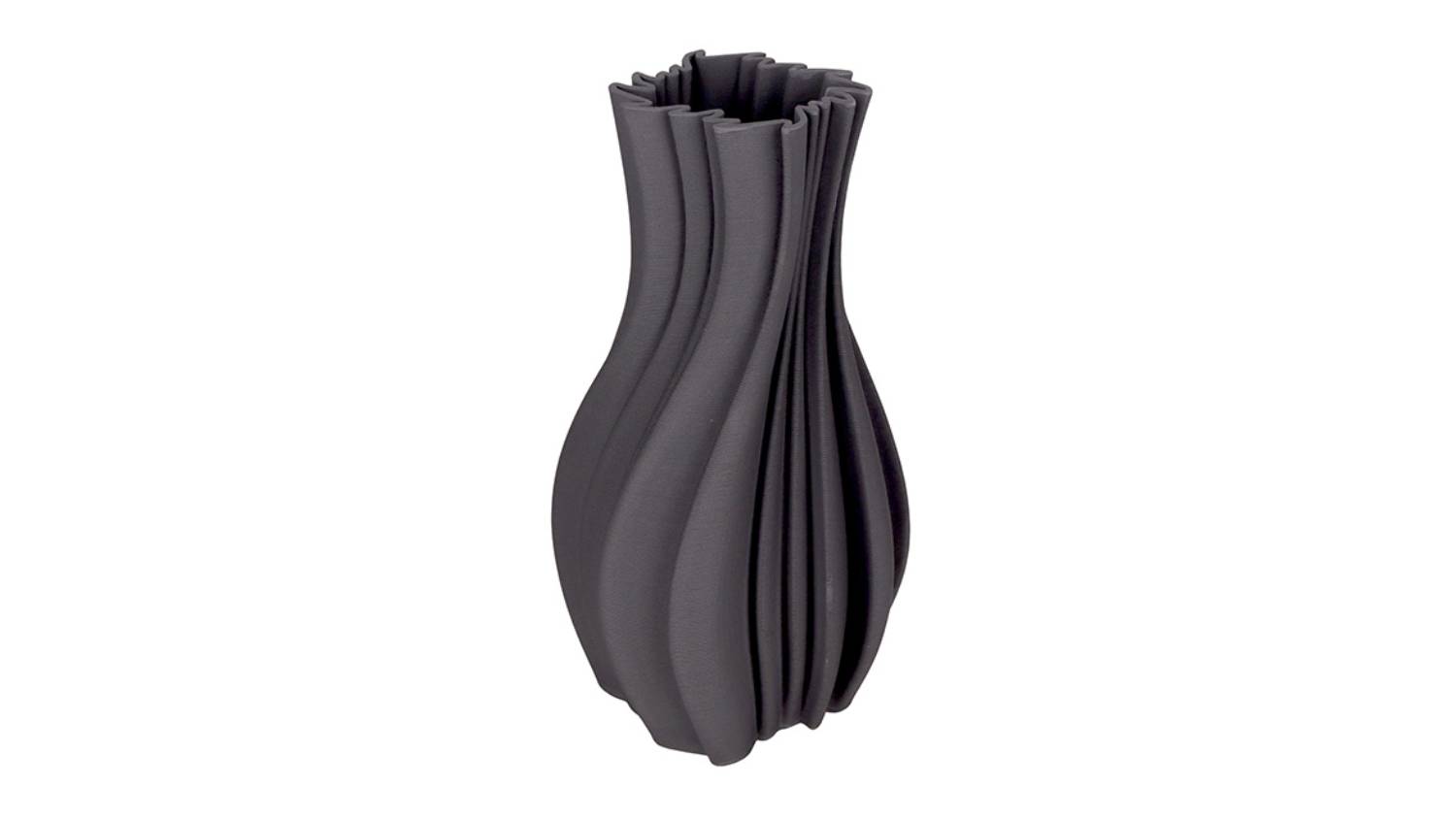 A dark grey ceramic vase with a slim, curved body featuring deep vertical wave-like ridges