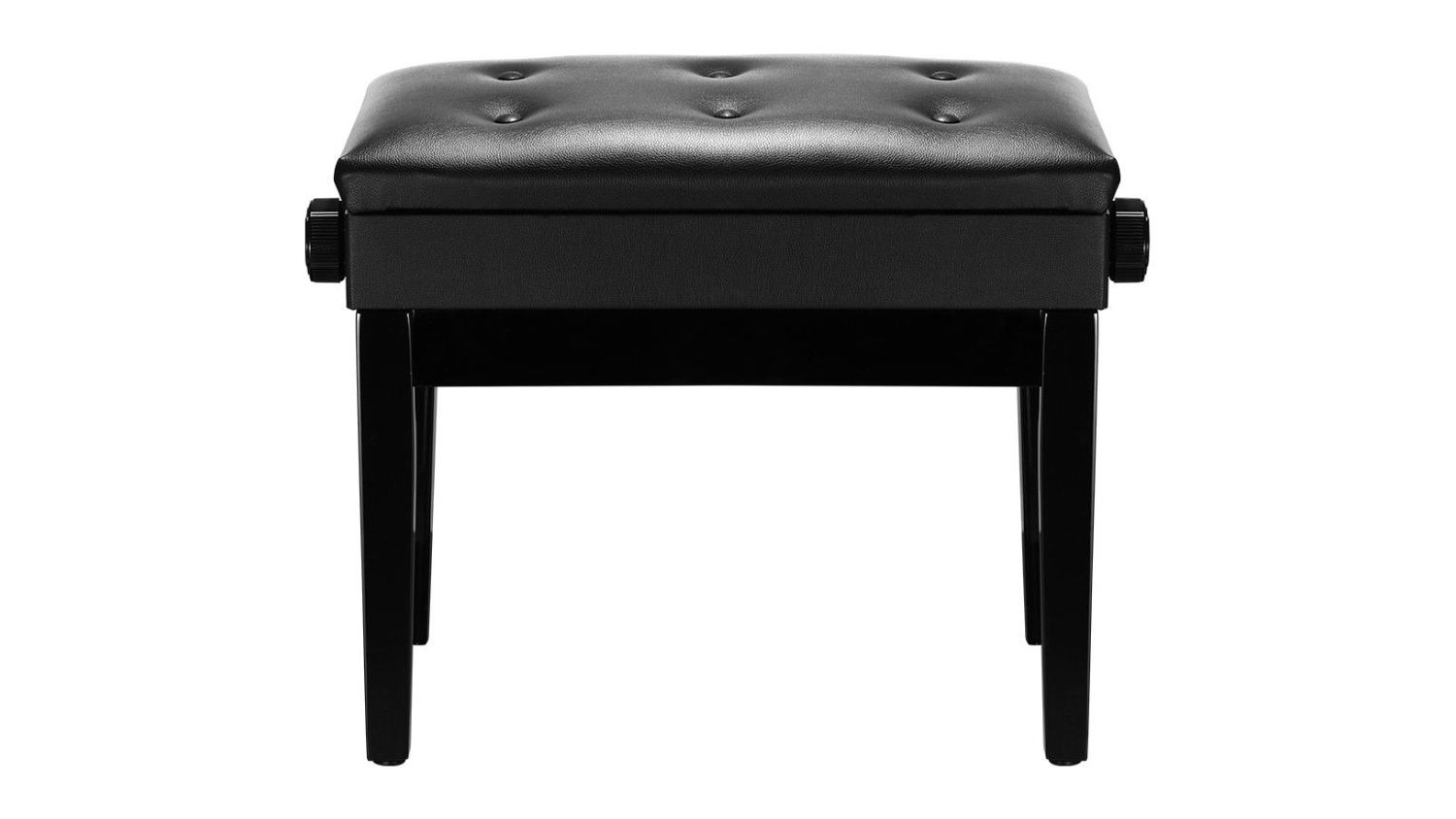 Black Melodic adjustable piano bench with a padded, button-tufted seat and four straight wooden legs