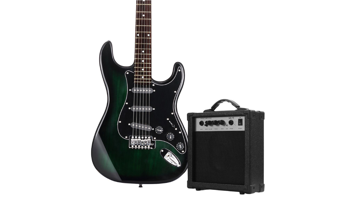 Melodic electric guitar beside a small black guitar amplifier