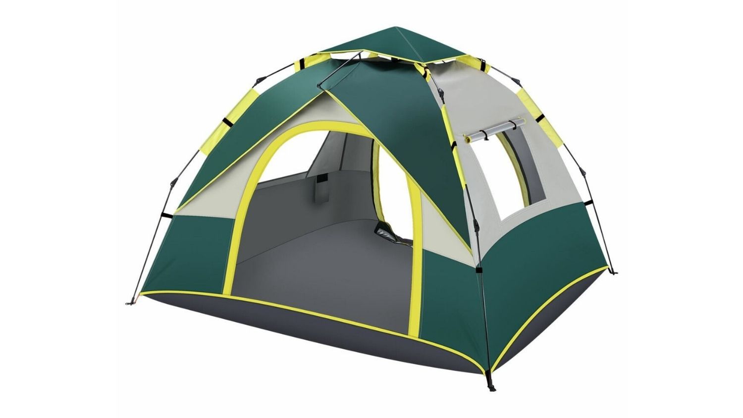 OGL pop-up camping tent front view showing spacious interior, dual zip doors, sturdy frame, and breathable mesh windows