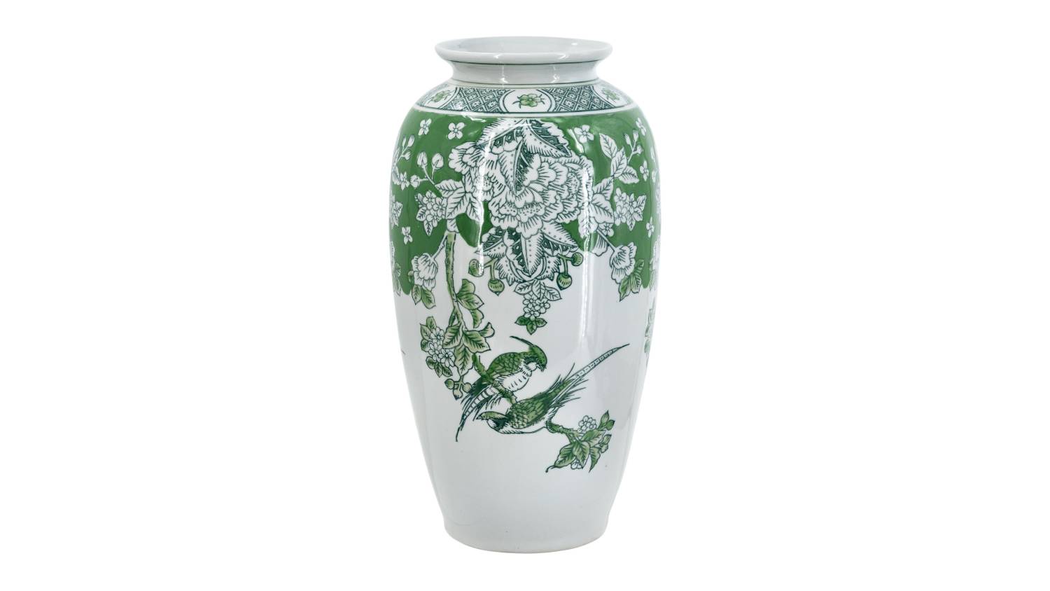 Front view of a tall porcelain vase with a white base and green decorative band near the top