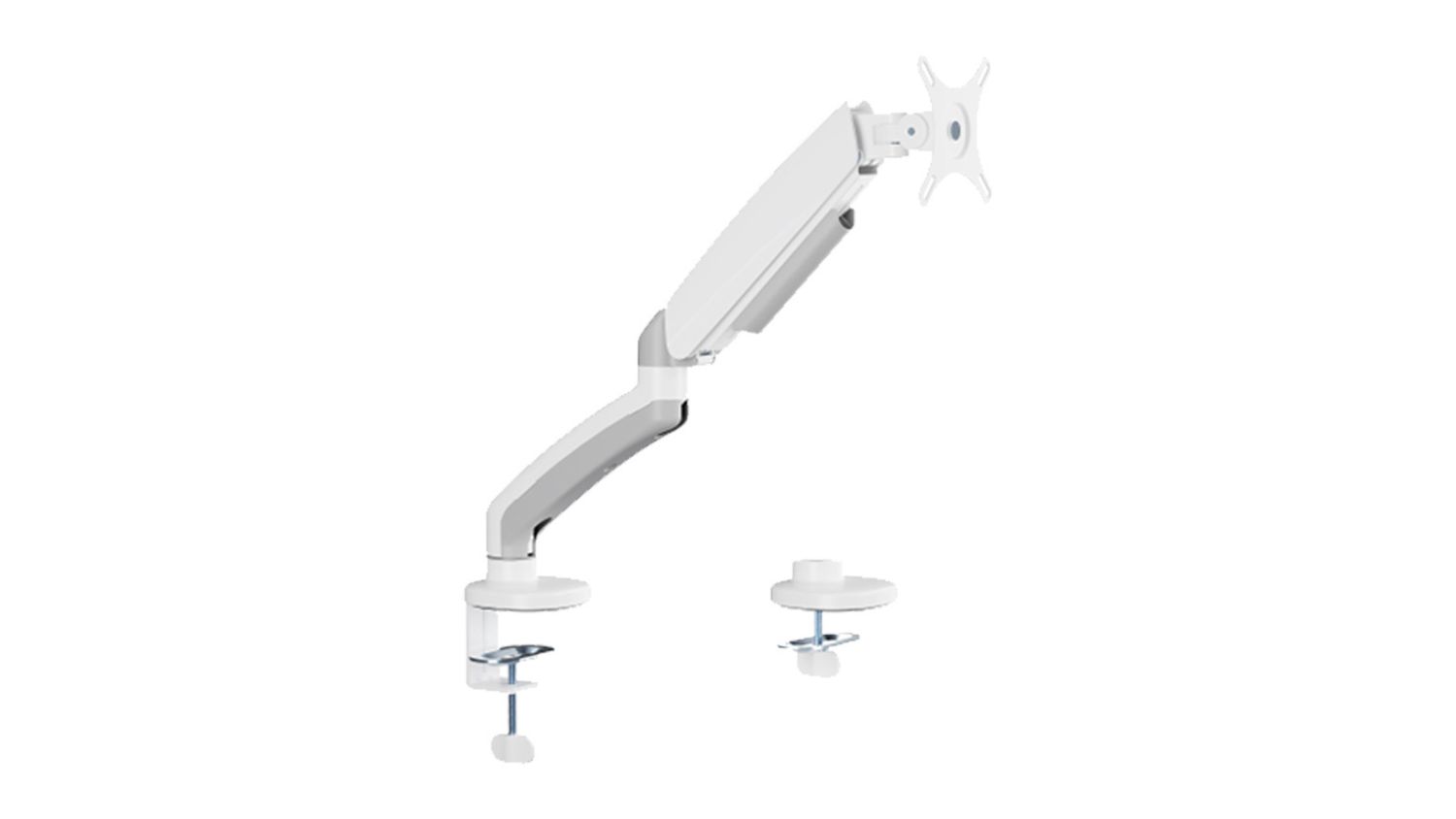 White Konic Economy Single Screen Spring-Assisted Monitor Arm with desk clamp mount