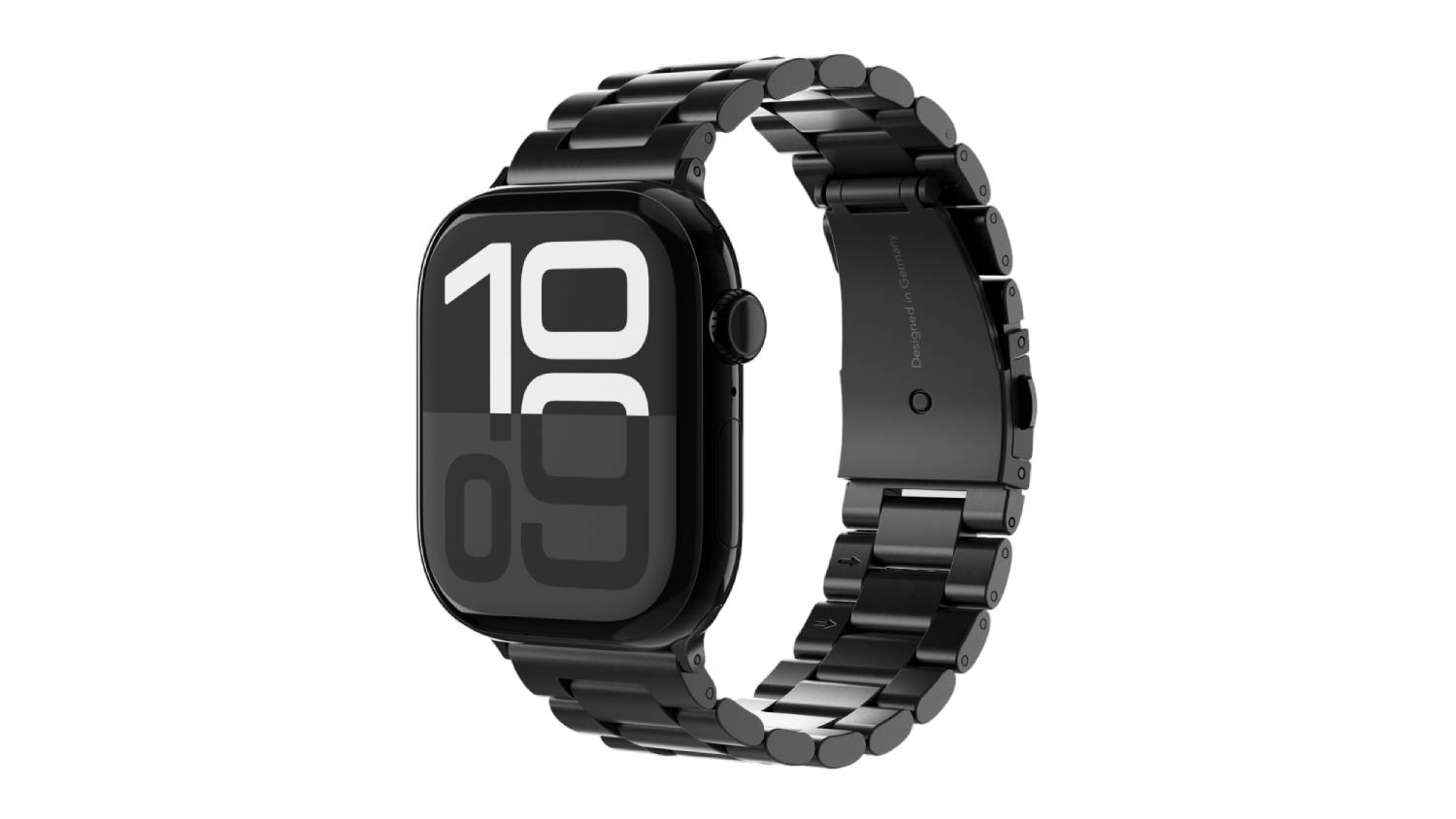 Front angled view of an Apple Watch fitted with a black stainless steel link bracelet for a larger case