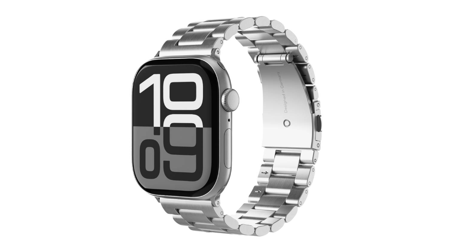 Front angled view of an Apple Watch fitted with a silver stainless steel link bracelet for a larger case