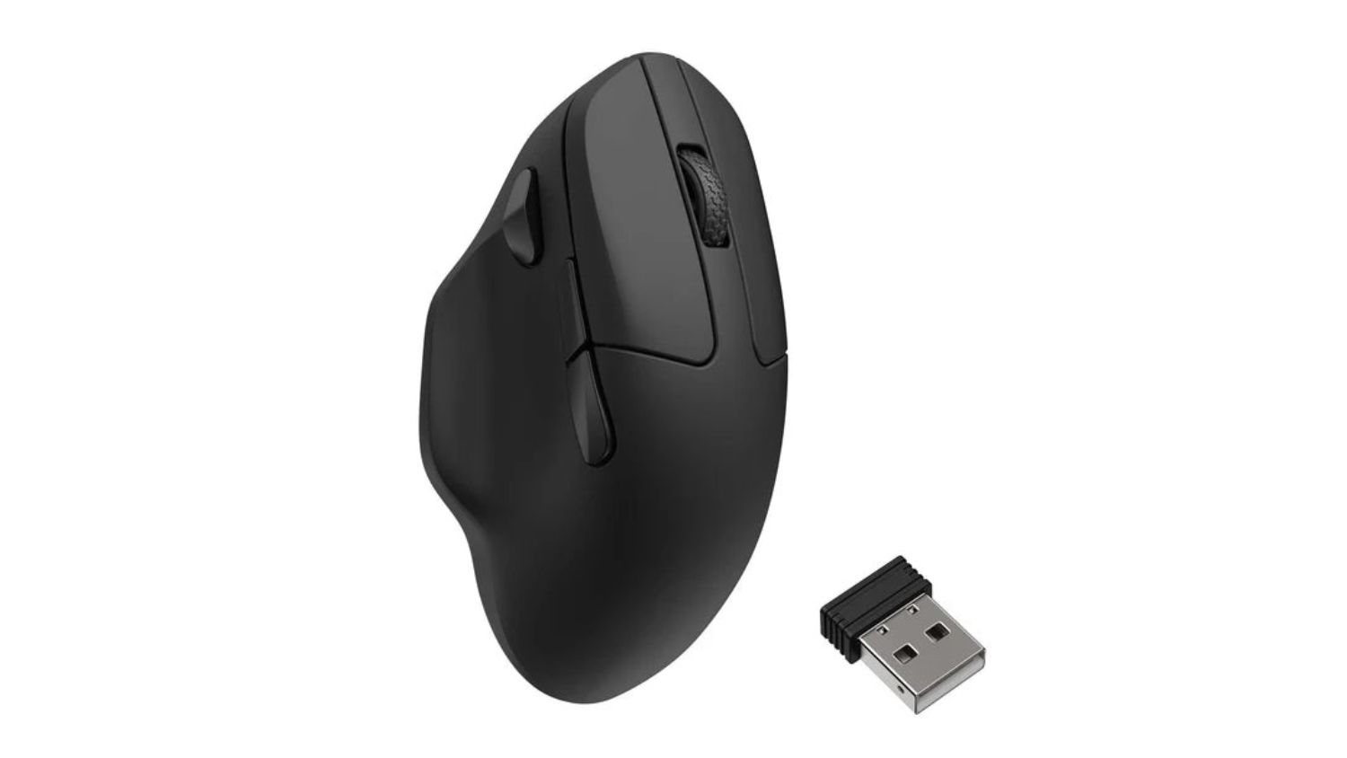 A side-by-side angled view of the Keychron M7 8KHz Wireless Mouse and its wireless receiver in black finish