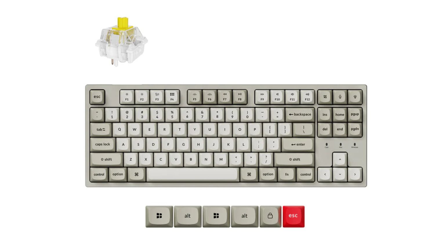 Keychon C1 PRO 8K mechanical keyboard with grey keycaps, red esc key, and removable keycaps shown below