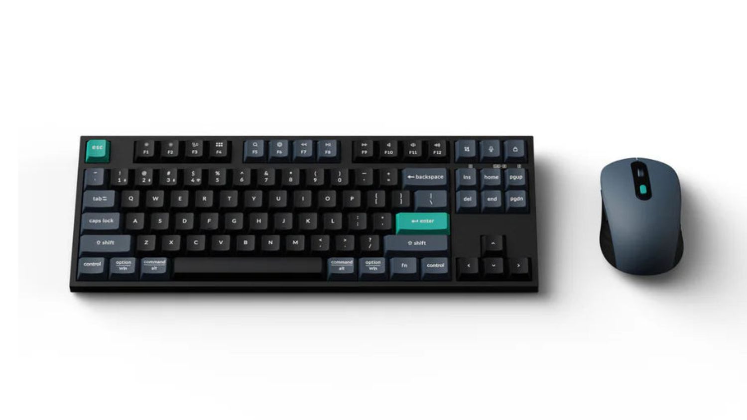 A side-by-side view of the Keychron B33-K9 Wireless Full Size Mechanical Keyboard and BM25 mouse in black/teal finish