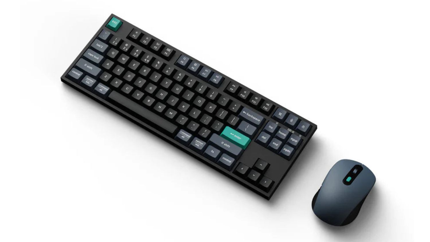 A top down left angled view of a B33-K9 Wireless Full Size Mechanical Keyboard with the BM25 Wireless Mouse