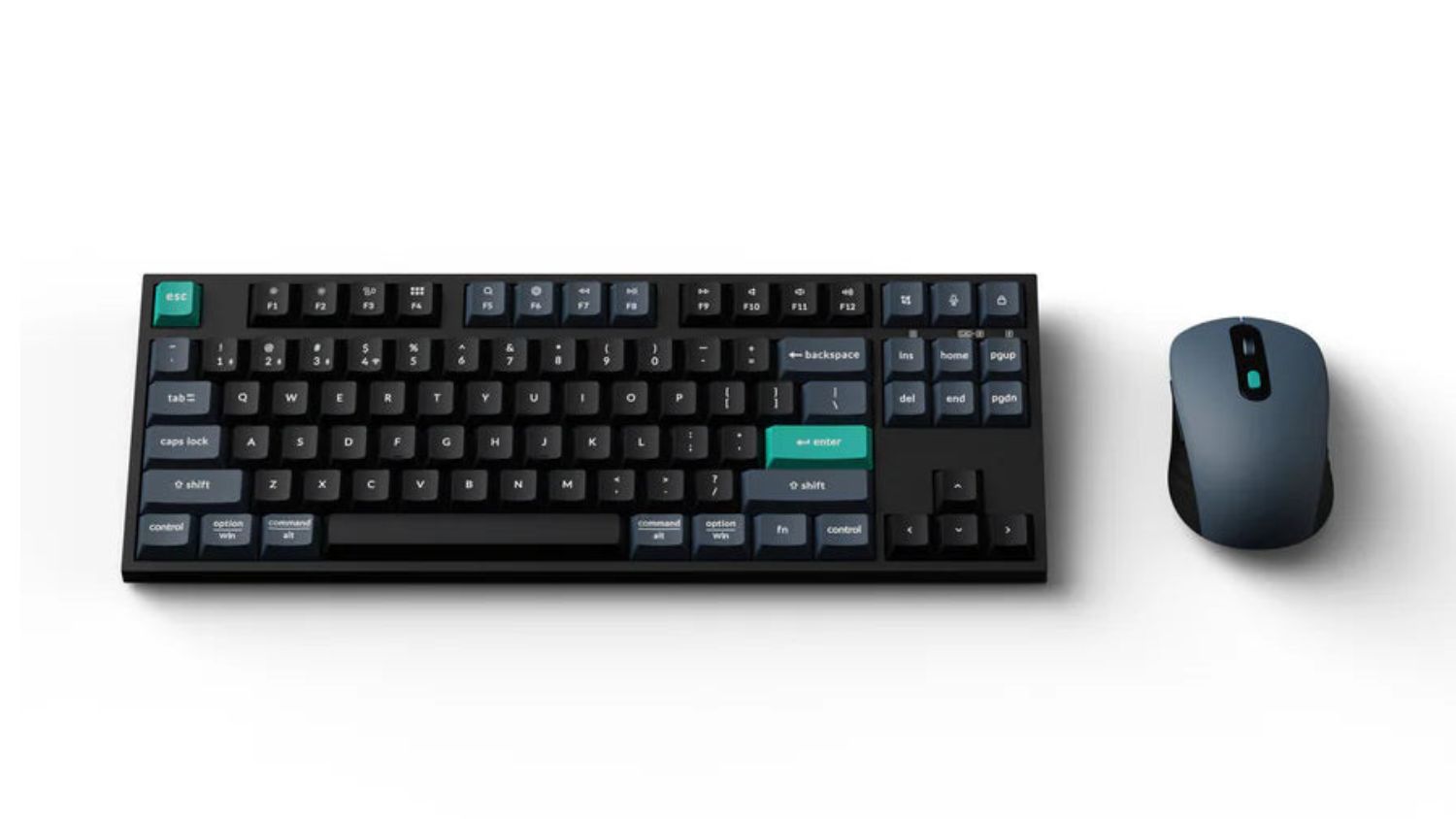 A side-by-side view of the Keychron B33-K9 Wireless Full Size Mechanical Keyboard and BM25 mouse in black/teal finish