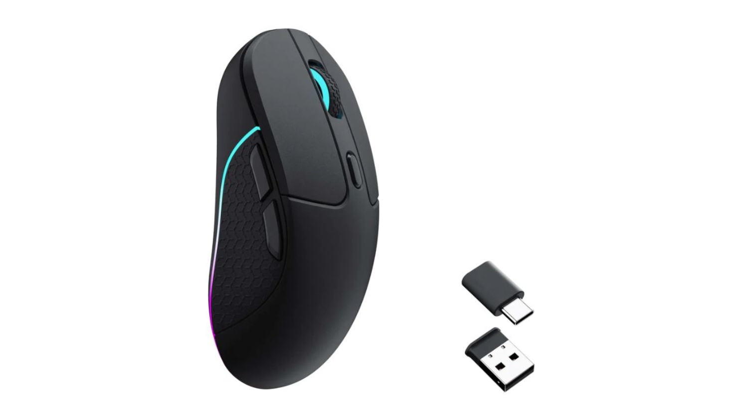 Black ergonomic Keychron M3 1KHz wireless mouse with RGB lighting, side buttons, a USB receiver, and a USB-C adapter beside it