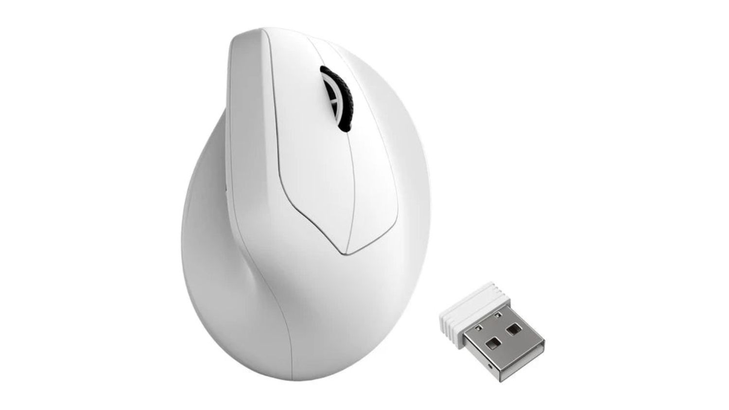 A side-by-side angled view of the Keychron M5 8KHz Wireless Mouse and its USB connector in white finish