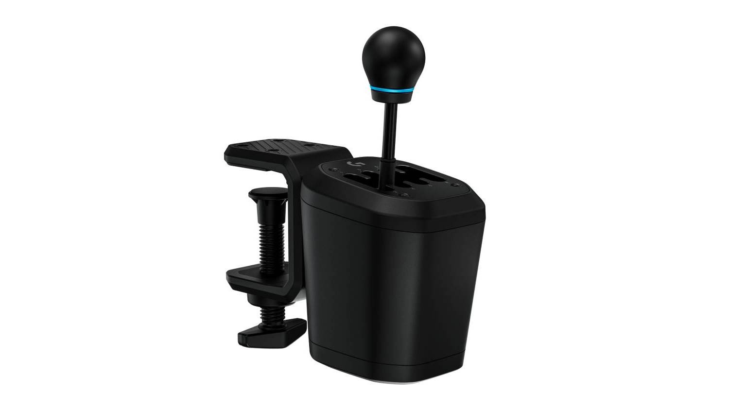 Angled front-left view of the Logitech G RS H Shifter in black, showing the rounded gear knob and shift plate