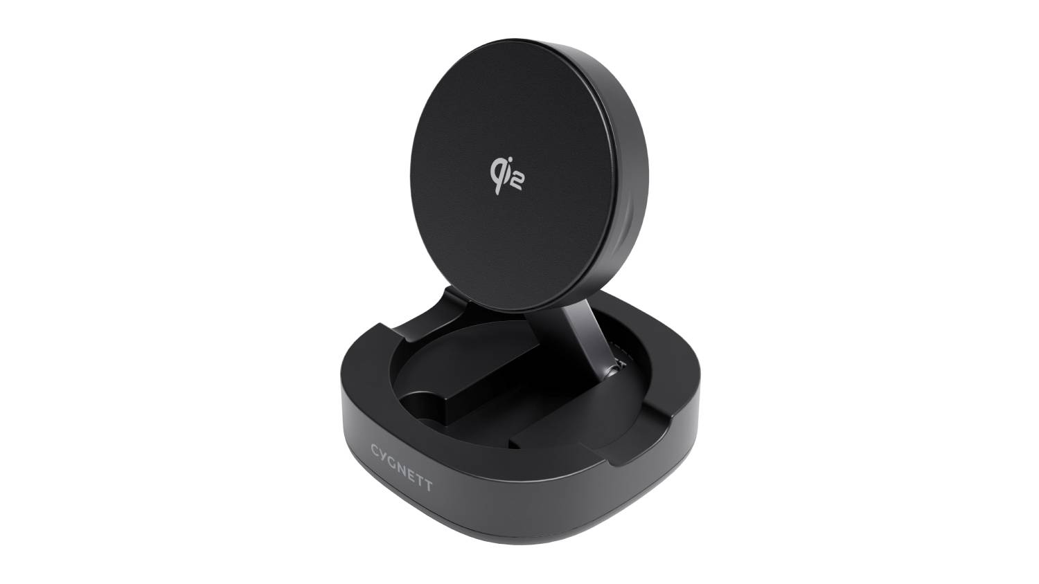 Angled front view of the black Cygnett foldable magnetic wireless charger opened upright