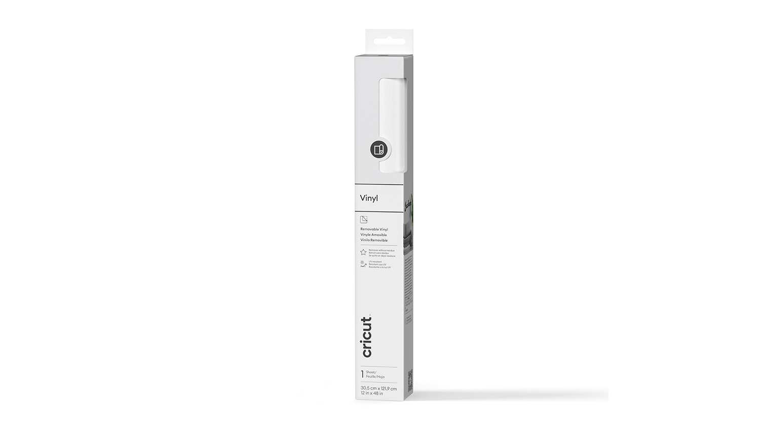 Vertical box of Cricut Removable Premium Vinyl in white, measuring 12 by 48 inches