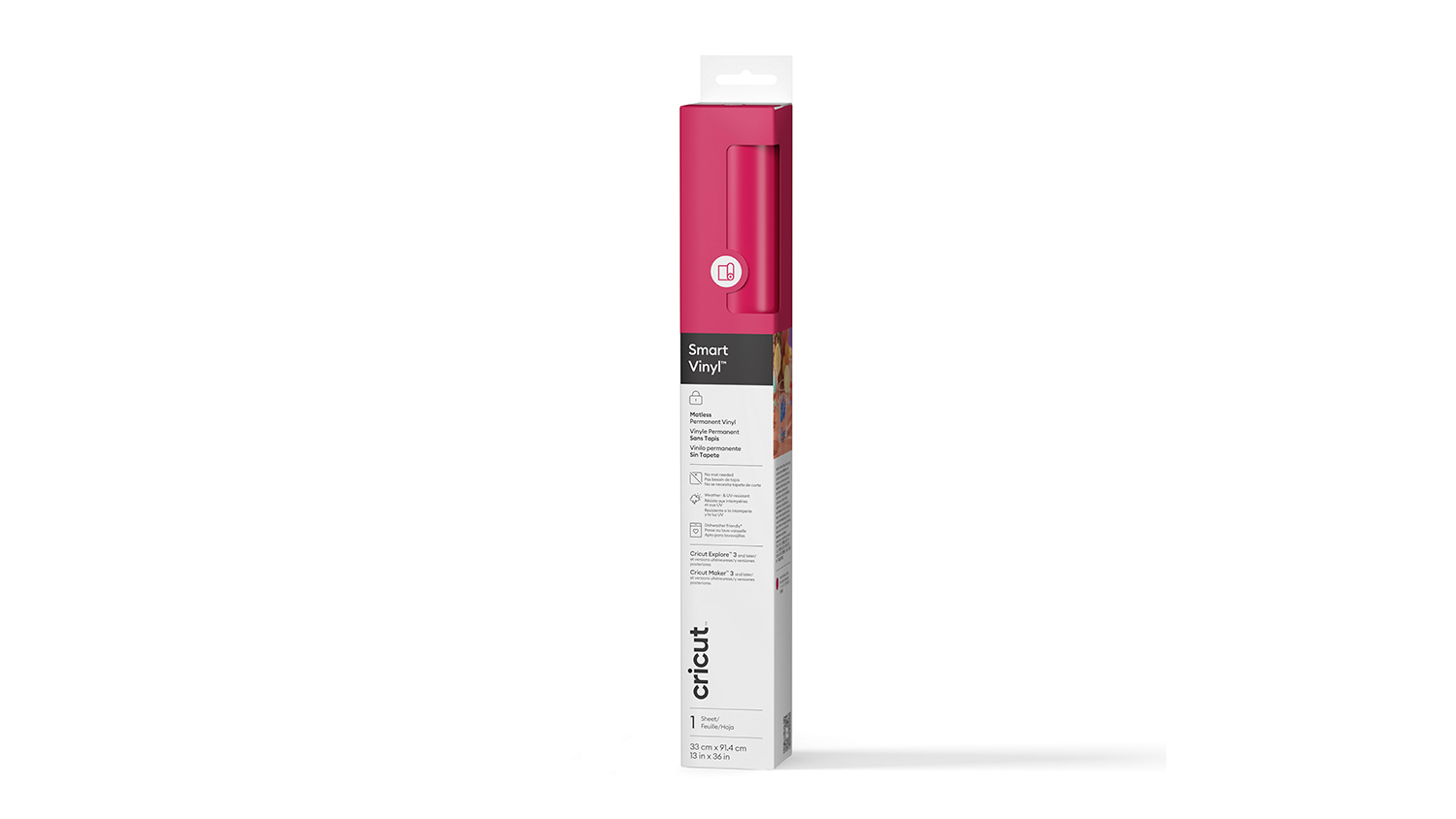 Retail packaging for Party Pink Cricut Smart Vinyl, measuring 33 cm x 91.4 cm
