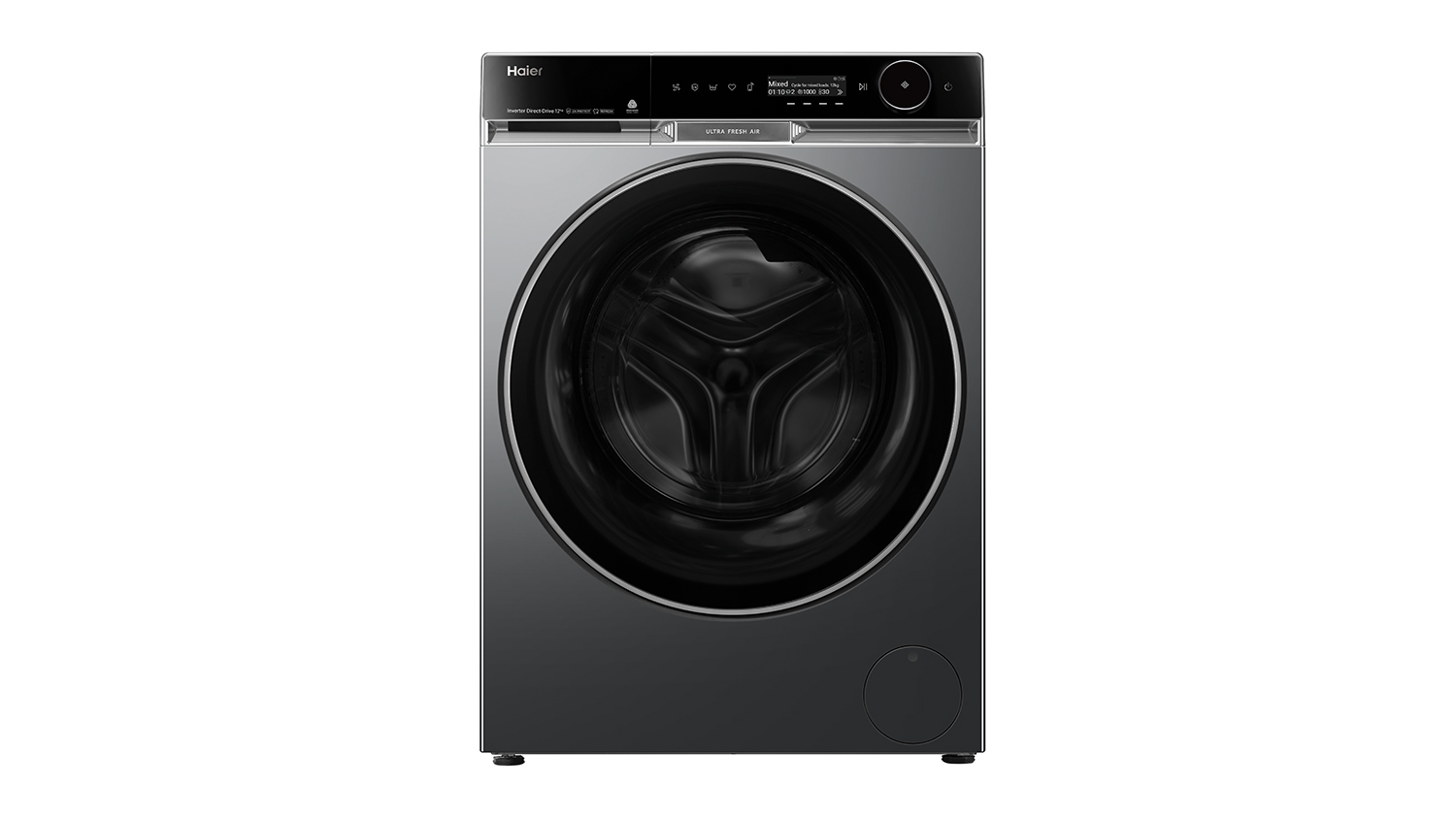 A Haier 600 Series 12kg Front Loader Washing Machine in a sleek black colour