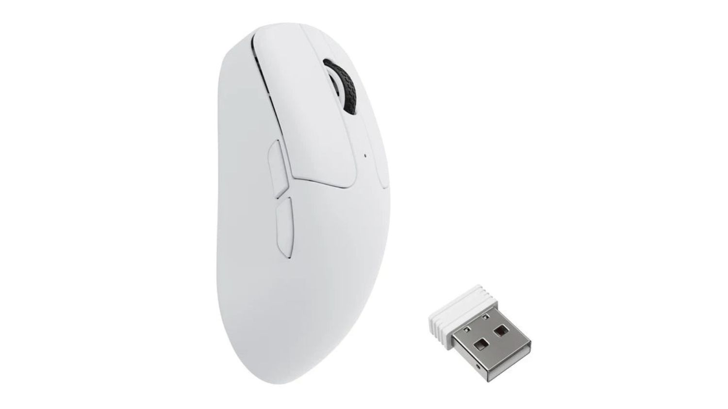 A side-by-side angled view of the Keychron M2 8KHz Wireless Mouse and its receiver in white finish