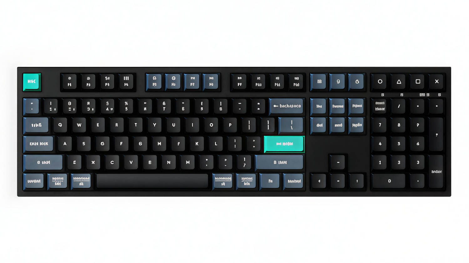 Black Keychron B36‑K9 wireless full‑size keyboard featuring teal accent keys, including highlighted Esc and Enter keys