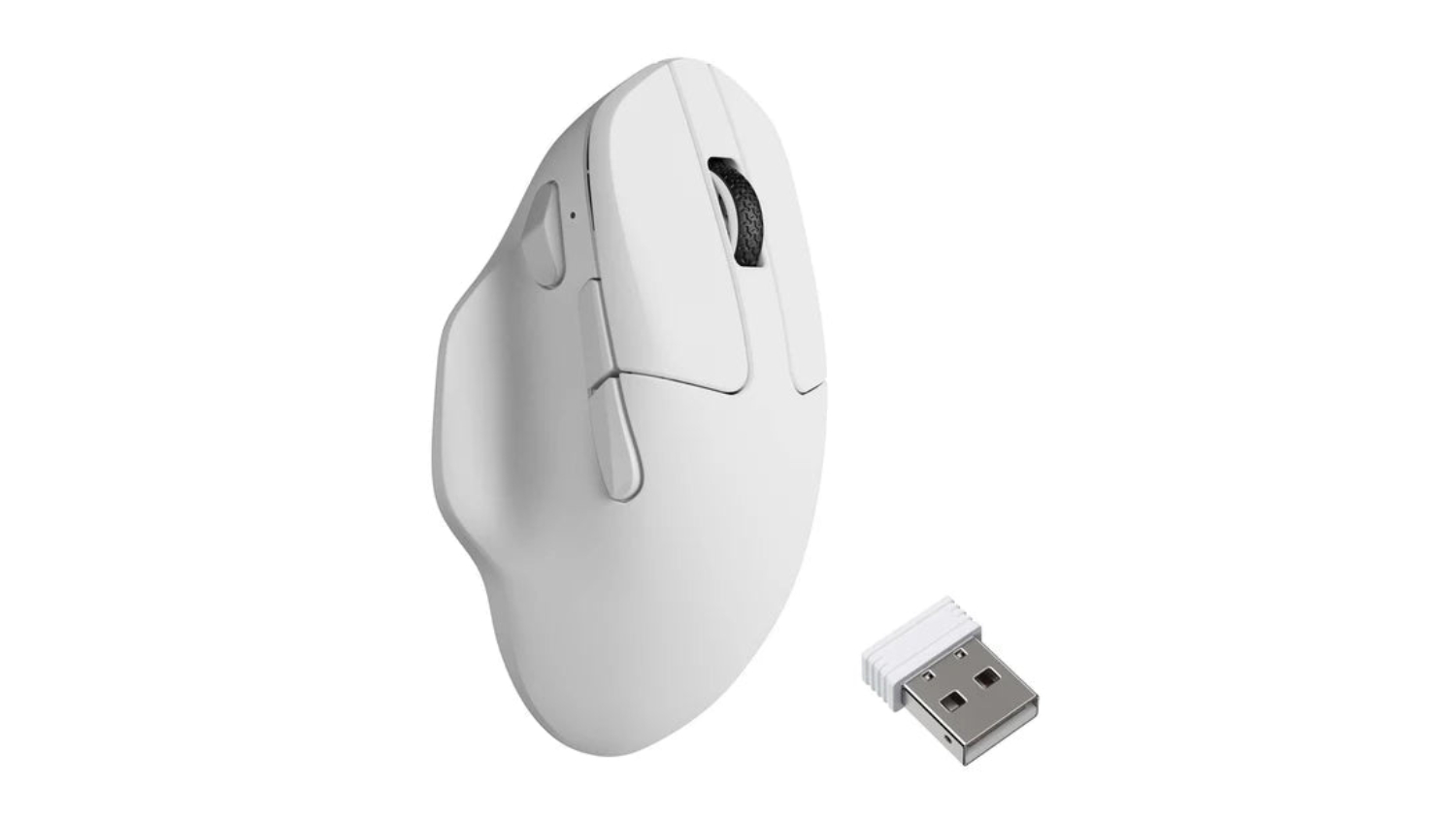 White ergonomic Keychron M7 8KHz wireless mouse with side buttons and a scroll wheel, shown next to a small USB wireless receiver