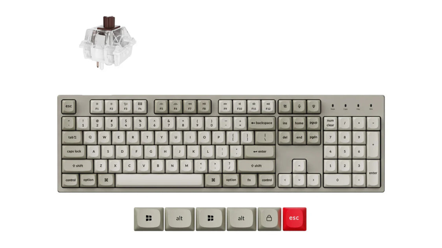 Mechanical Keychron C2 Pro 8K wired QMK 100% keyboard in grey with white keys, a red Escape key, loose keycaps below, and a single switch above