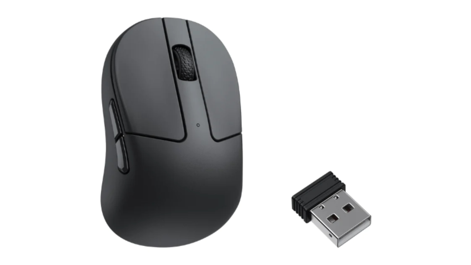 Black Keychron M4 wireless mouse with scroll wheel and side buttons, shown beside a small USB receiver