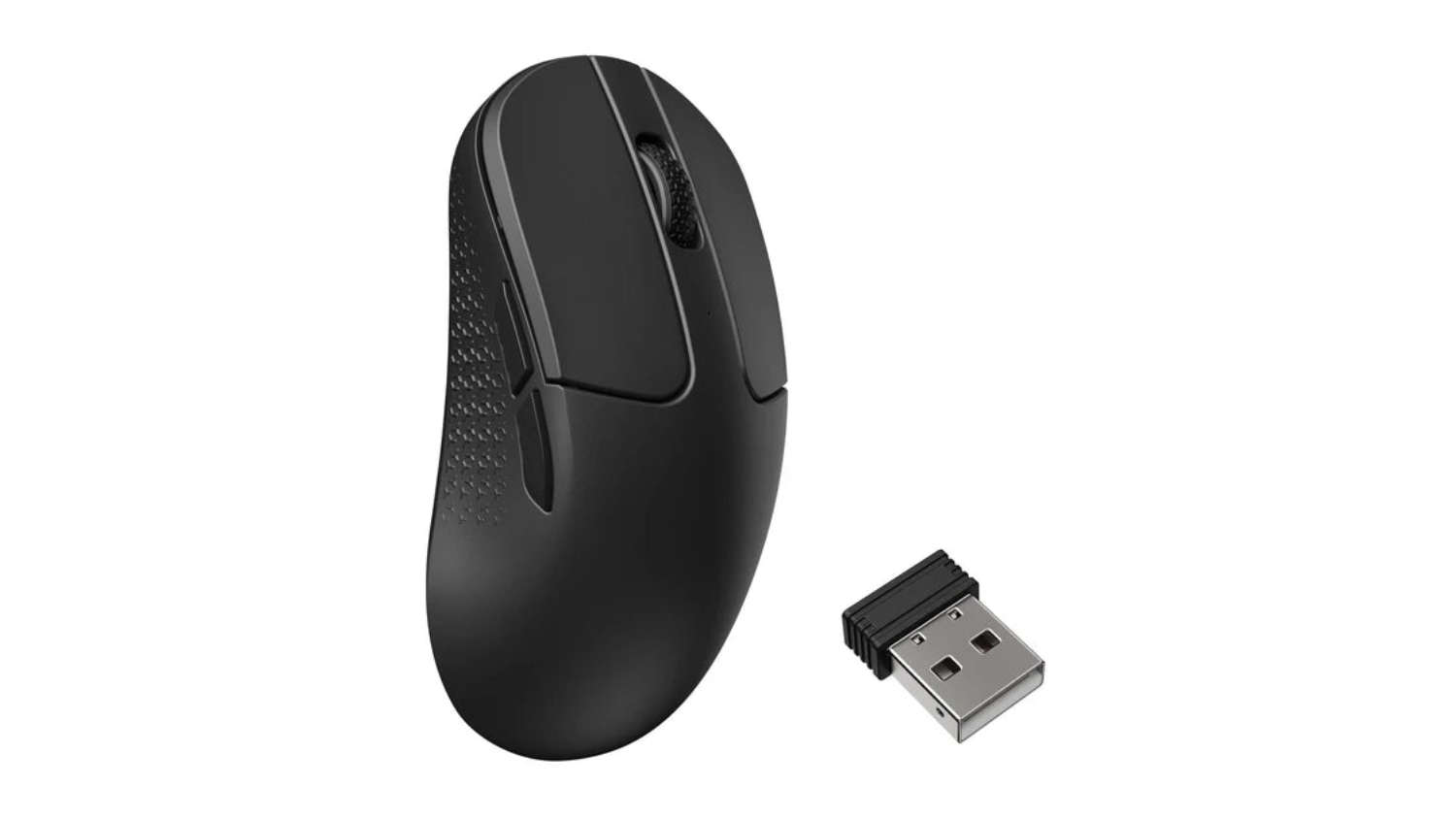 Black Keychron M3 Mini 8KHz wireless mouse with scroll wheel and side buttons, shown with USB receiver