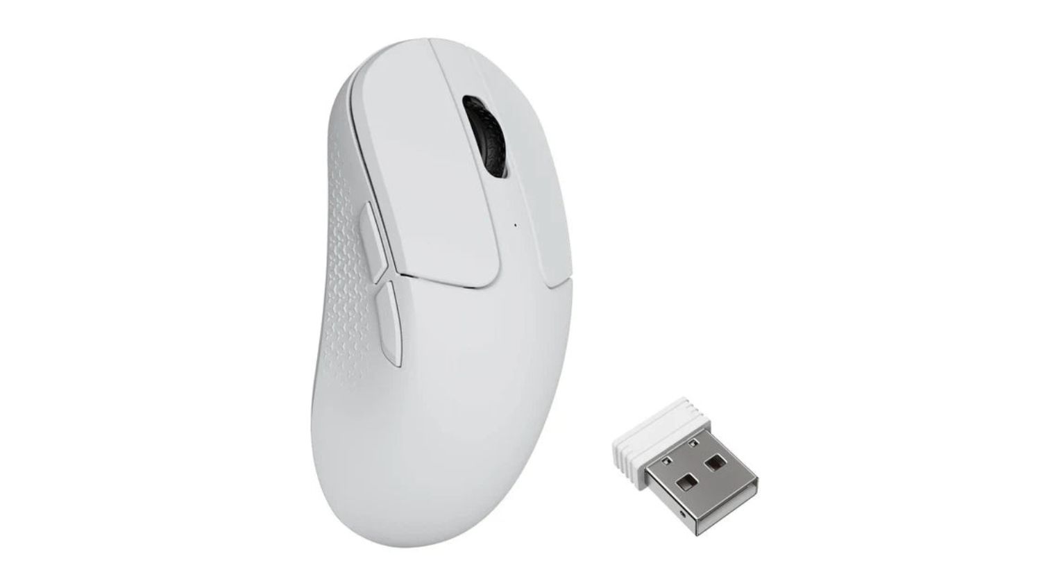 A side-by-side angled view of the Keychron M3 Mini 8KHz Wireless Mouse in white finish